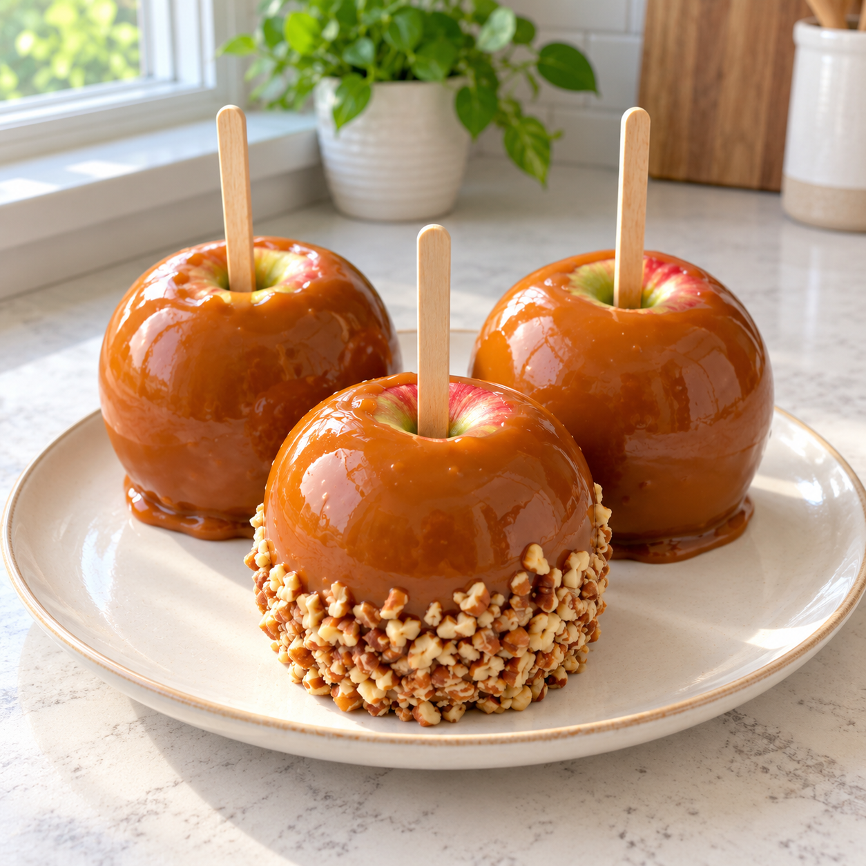 Caramel apples on a ceramic plate in warm window light